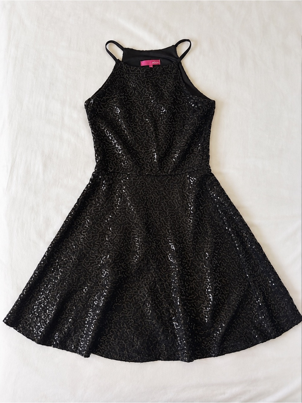 Aqua Black Sequin Halter Fit-and-Flare Dress